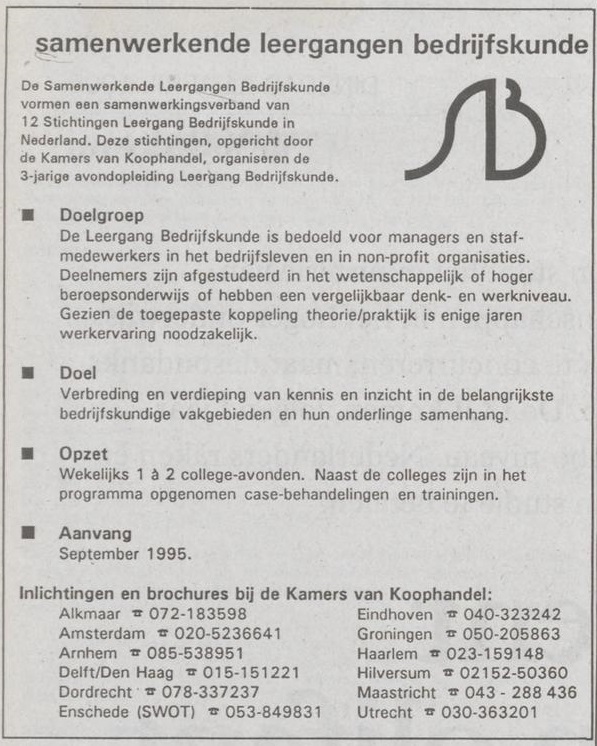 Knipselkrant, advertentie Leergang Bedrijfskunde