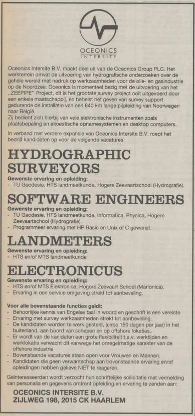 Knipselkrant, personeelsadvertentie Oceonics Intersite